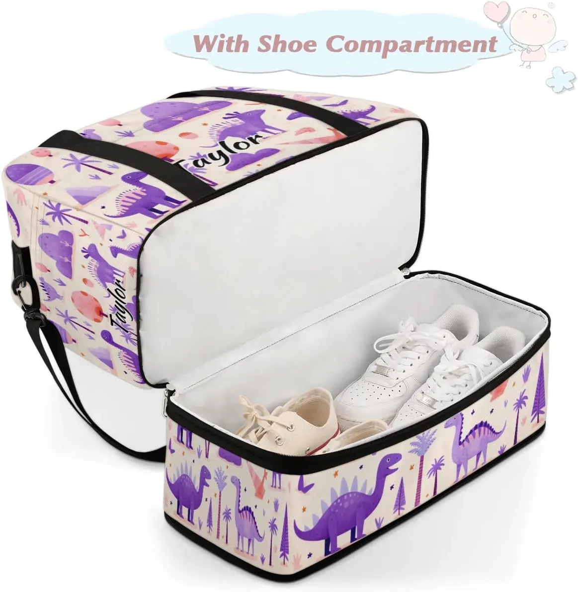 Personalized Duffel Bag with Name, Custom Dinosaur Travel Sports Gym Yoga Beach Bag Customized Weekender Overnight Bag with Shoes Compartment for Women, Dinosaur Themed