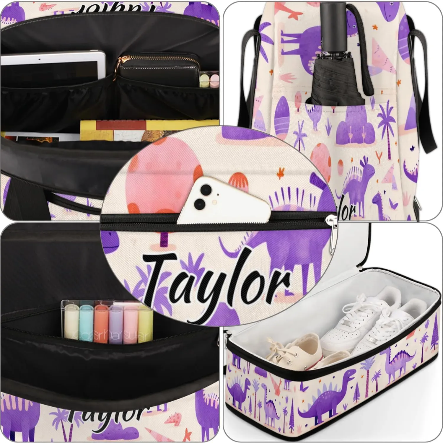 Personalized Duffel Bag with Name, Custom Dinosaur Travel Sports Gym Yoga Beach Bag Customized Weekender Overnight Bag with Shoes Compartment for Women, Dinosaur Themed