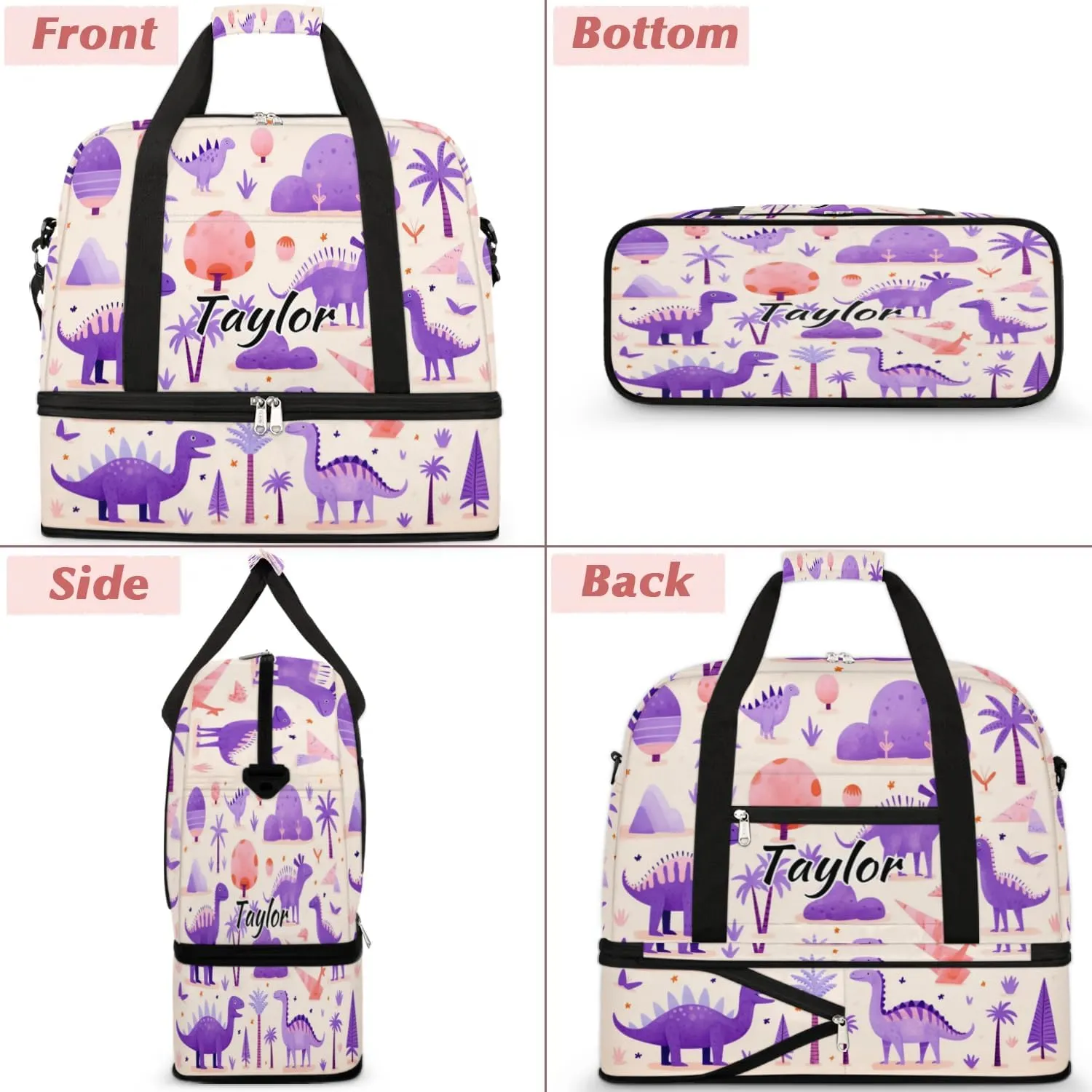 Personalized Duffel Bag with Name, Custom Dinosaur Travel Sports Gym Yoga Beach Bag Customized Weekender Overnight Bag with Shoes Compartment for Women, Dinosaur Themed
