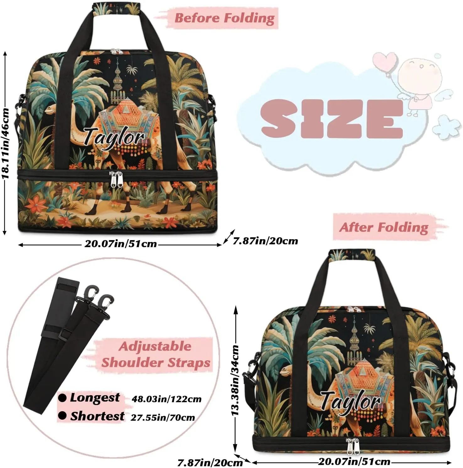 Personalized Duffel Bag with Name, Custom Dromedary Camels Travel Sports Gym Yoga Beach Bag Customized Weekender Overnight Bag with Shoes Compartment for Women, Tropical Camels