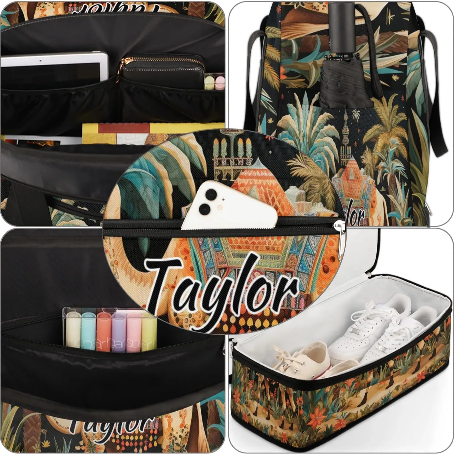 Personalized Duffel Bag with Name, Custom Dromedary Camels Travel Sports Gym Yoga Beach Bag Customized Weekender Overnight Bag with Shoes Compartment for Women, Tropical Camels