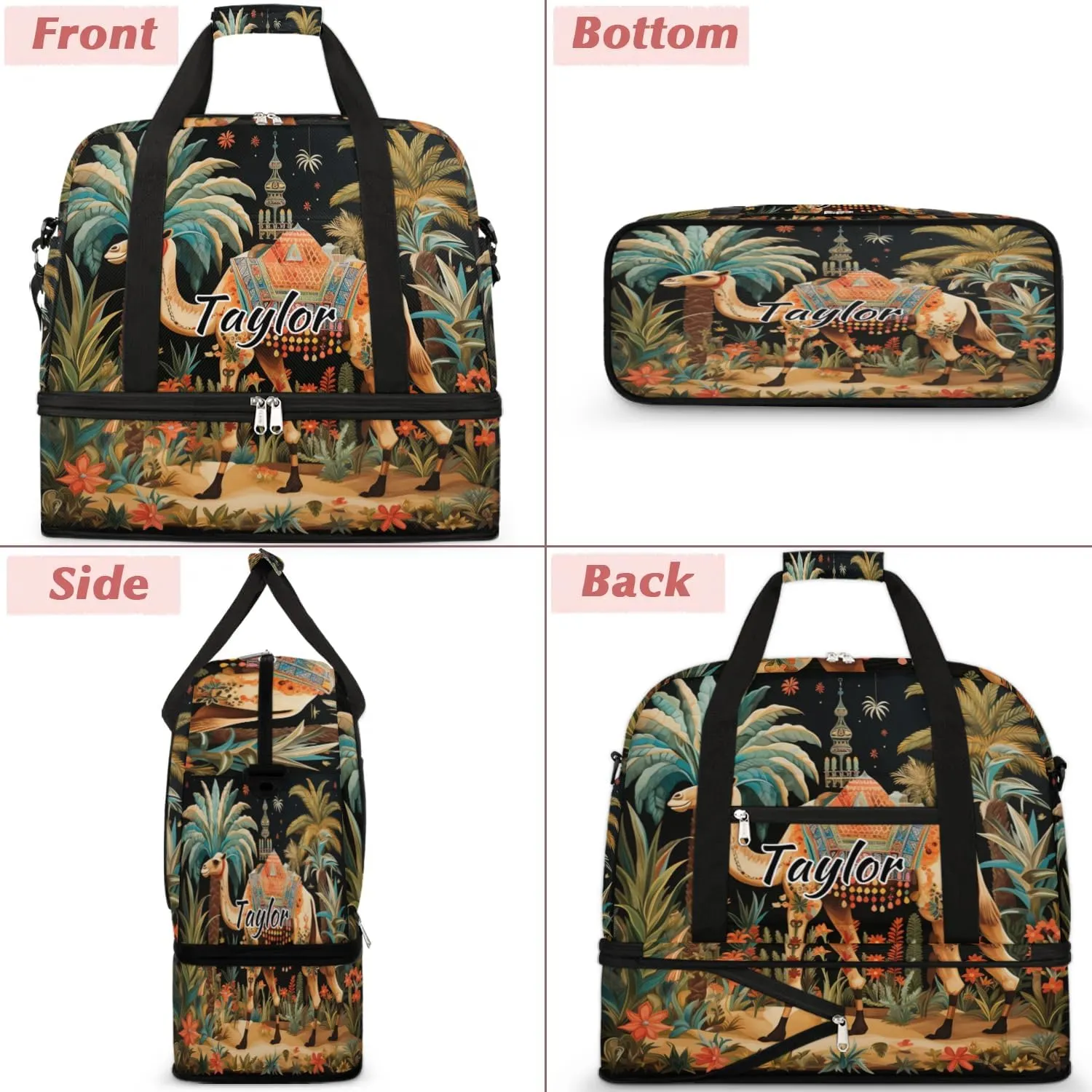 Personalized Duffel Bag with Name, Custom Dromedary Camels Travel Sports Gym Yoga Beach Bag Customized Weekender Overnight Bag with Shoes Compartment for Women, Tropical Camels