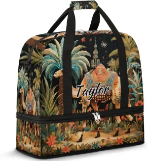 Personalized Duffel Bag with Name, Custom Dromedary Camels Travel Sports Gym Yoga Beach Bag Customized Weekender Overnight Bag with Shoes Compartment for Women, Tropical Camels