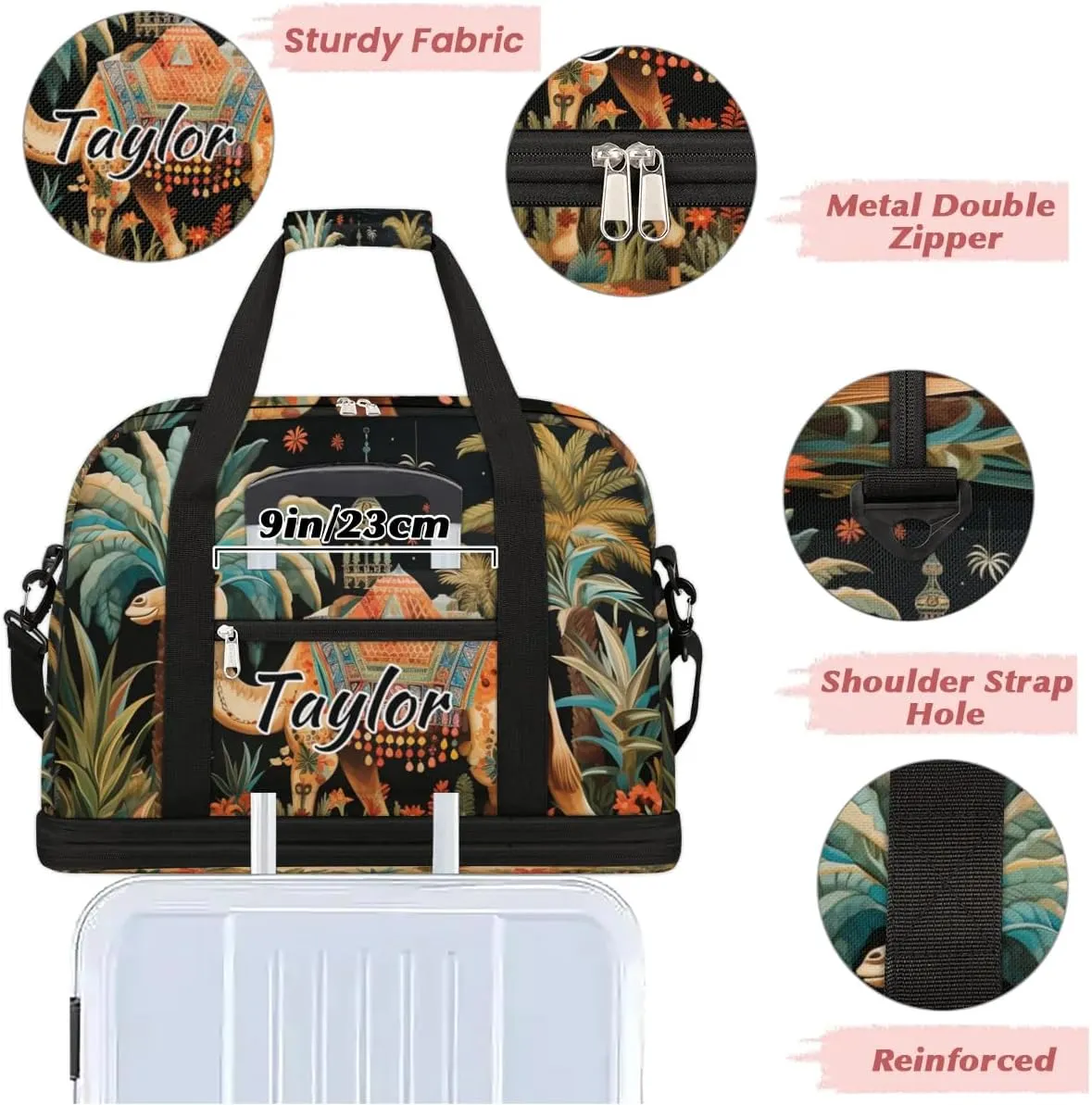 Personalized Duffel Bag with Name, Custom Dromedary Camels Travel Sports Gym Yoga Beach Bag Customized Weekender Overnight Bag with Shoes Compartment for Women, Tropical Camels