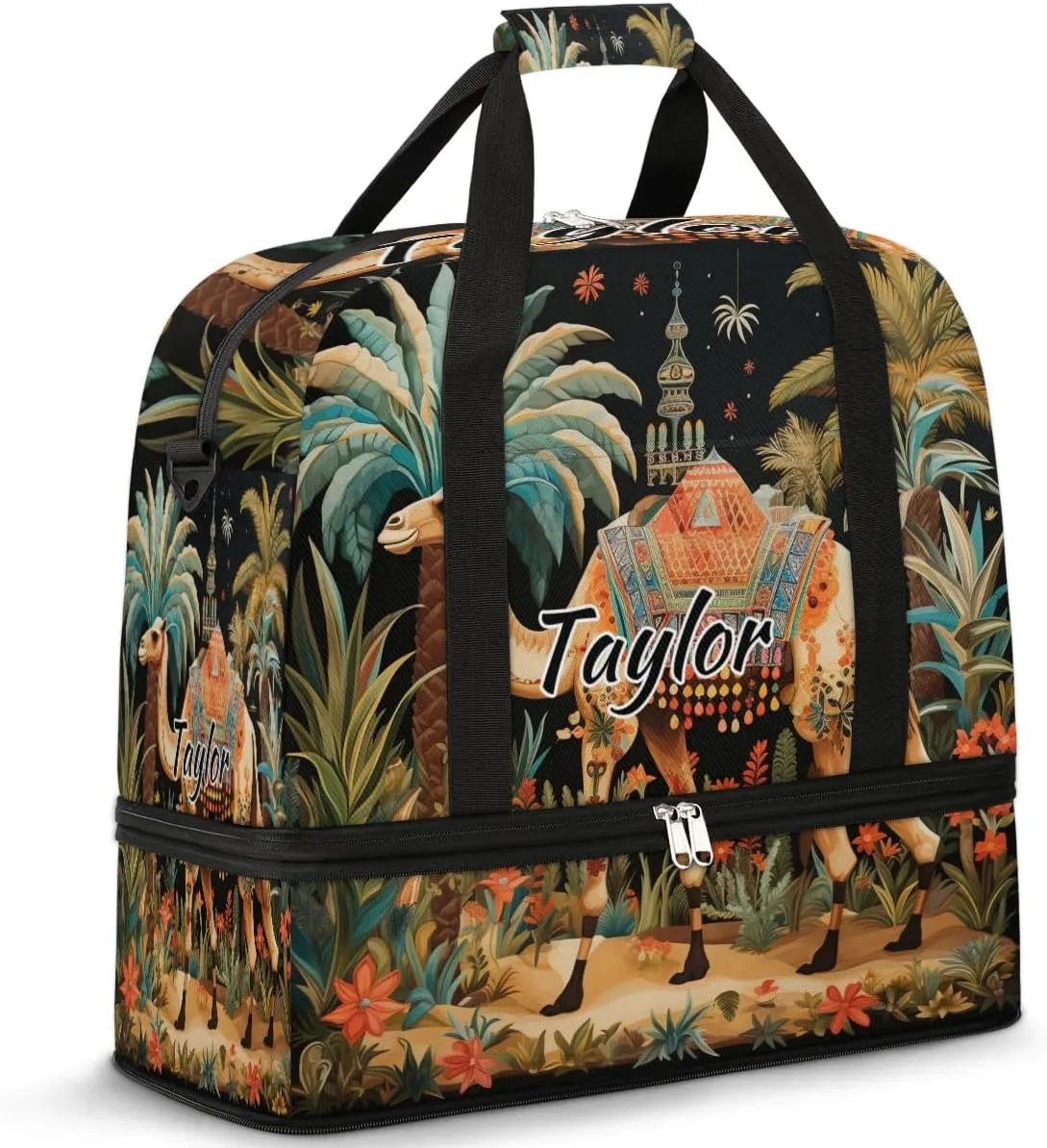 Personalized Duffel Bag with Name, Custom Dromedary Camels Travel Sports Gym Yoga Beach Bag Customized Weekender Overnight Bag with Shoes Compartment for Women, Tropical Camels