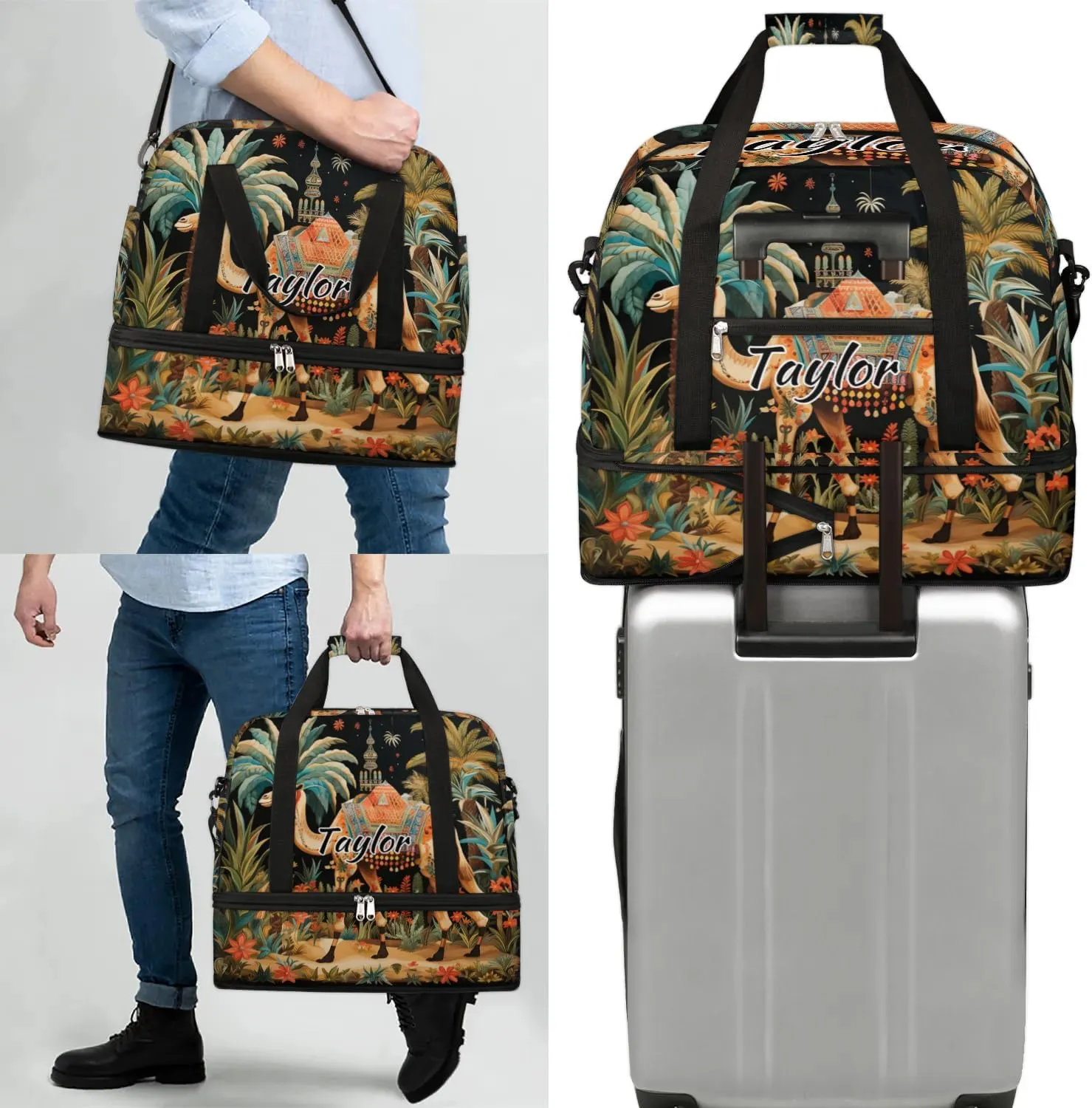 Personalized Duffel Bag with Name, Custom Dromedary Camels Travel Sports Gym Yoga Beach Bag Customized Weekender Overnight Bag with Shoes Compartment for Women, Tropical Camels