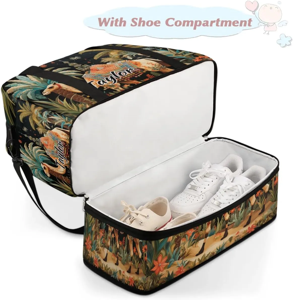 Personalized Duffel Bag with Name, Custom Dromedary Camels Travel Sports Gym Yoga Beach Bag Customized Weekender Overnight Bag with Shoes Compartment for Women, Tropical Camels
