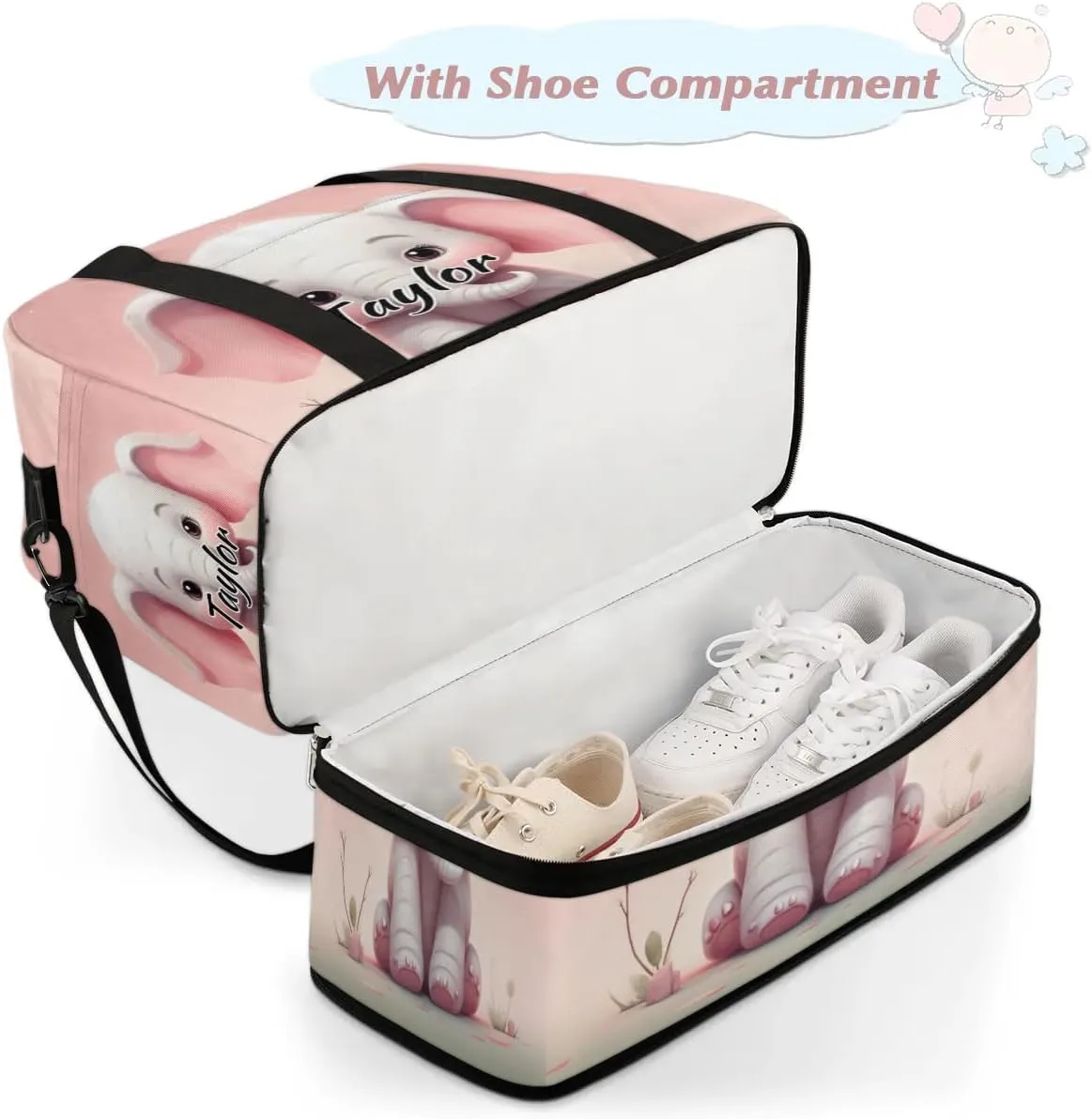 Personalized Duffel Bag with Name, Custom Elephant Travel Sports Gym Yoga Beach Bag Customized Weekender Overnight Bag with Shoes Compartment for Women, Cute Elephant
