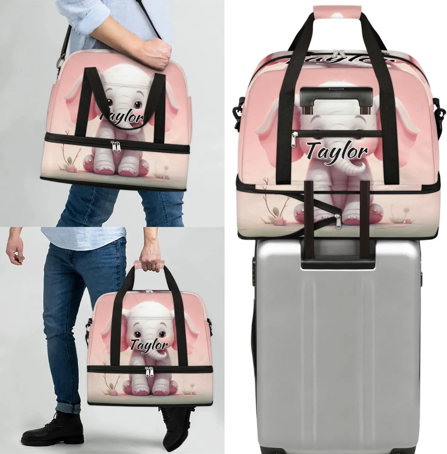 Personalized Duffel Bag with Name, Custom Elephant Travel Sports Gym Yoga Beach Bag Customized Weekender Overnight Bag with Shoes Compartment for Women, Cute Elephant