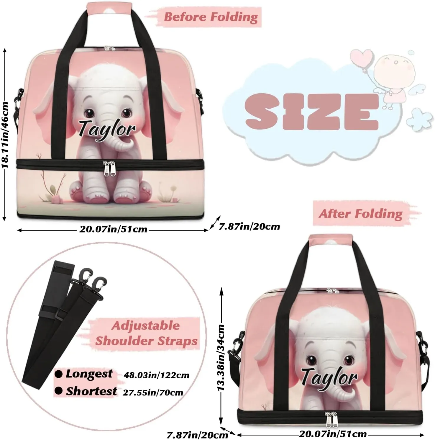Personalized Duffel Bag with Name, Custom Elephant Travel Sports Gym Yoga Beach Bag Customized Weekender Overnight Bag with Shoes Compartment for Women, Cute Elephant