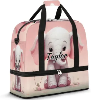 Personalized Duffel Bag with Name, Custom Elephant Travel Sports Gym Yoga Beach Bag Customized Weekender Overnight Bag with Shoes Compartment for Women, Cute Elephant