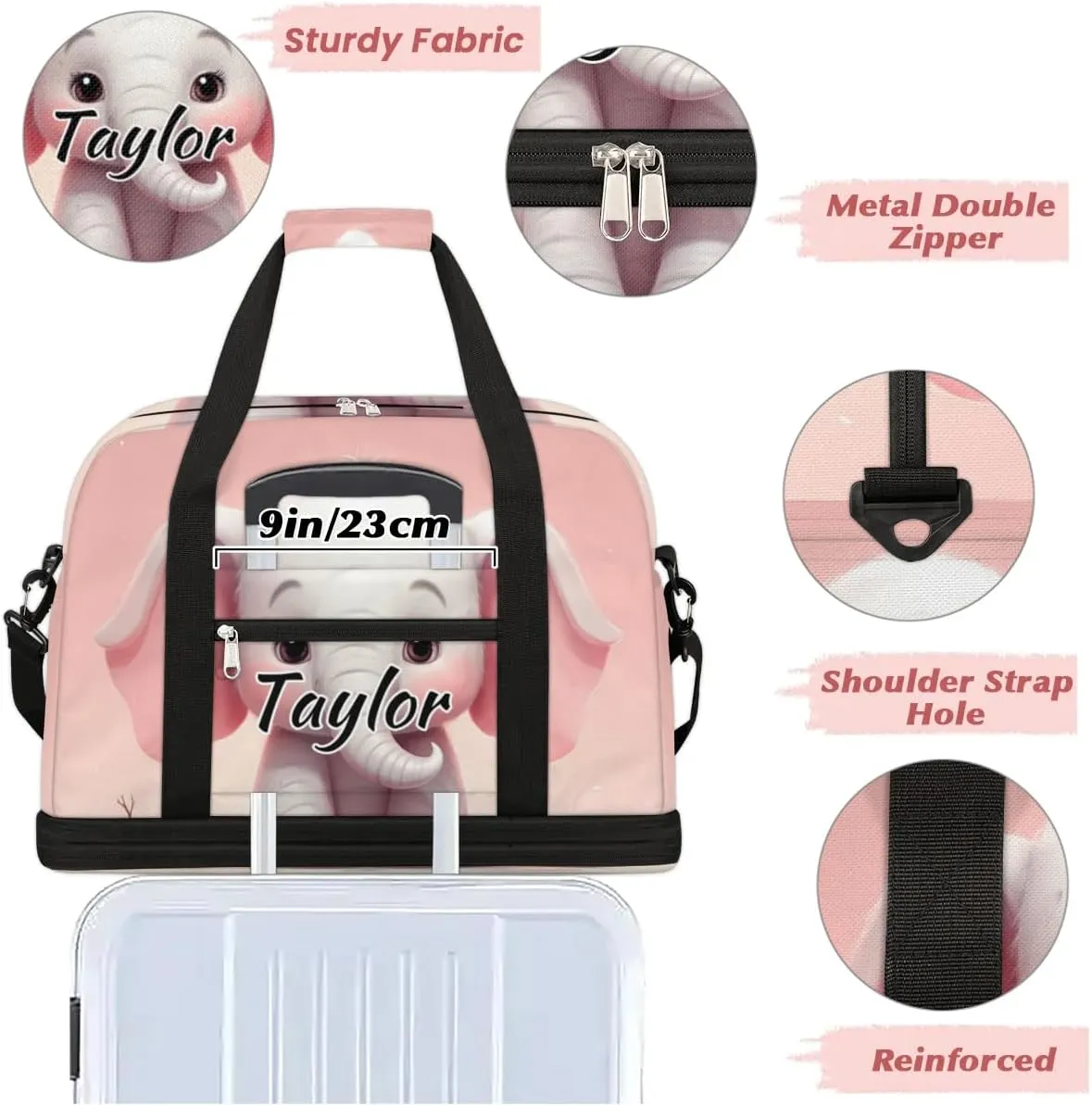 Personalized Duffel Bag with Name, Custom Elephant Travel Sports Gym Yoga Beach Bag Customized Weekender Overnight Bag with Shoes Compartment for Women, Cute Elephant