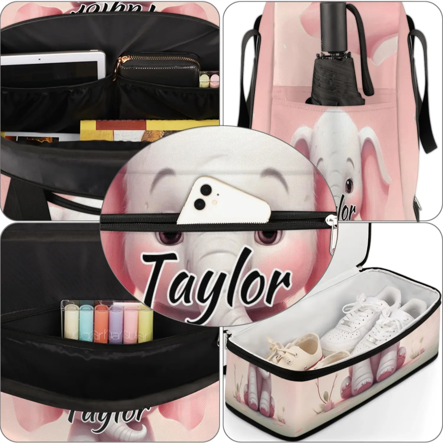 Personalized Duffel Bag with Name, Custom Elephant Travel Sports Gym Yoga Beach Bag Customized Weekender Overnight Bag with Shoes Compartment for Women, Cute Elephant