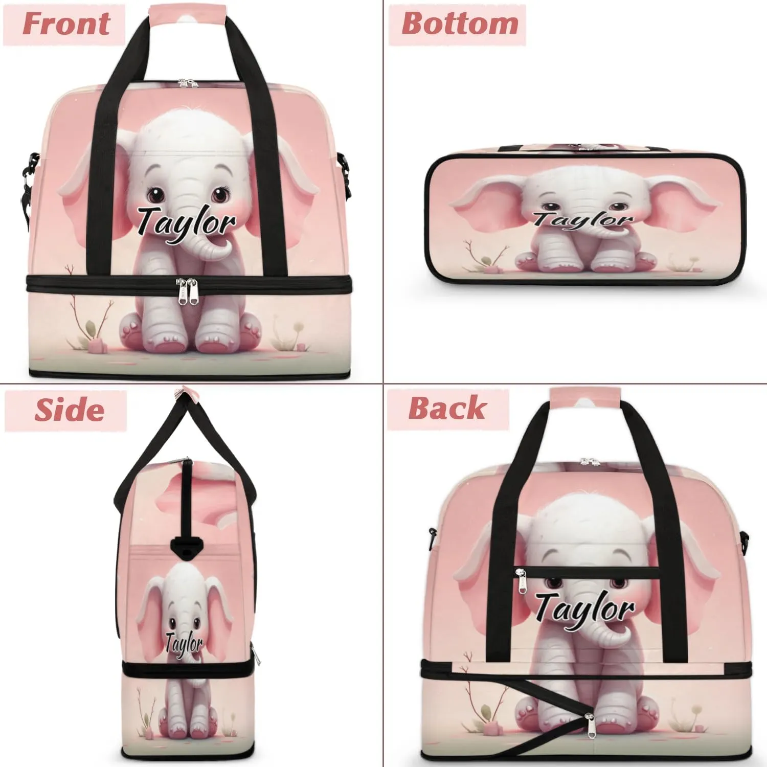 Personalized Duffel Bag with Name, Custom Elephant Travel Sports Gym Yoga Beach Bag Customized Weekender Overnight Bag with Shoes Compartment for Women, Cute Elephant