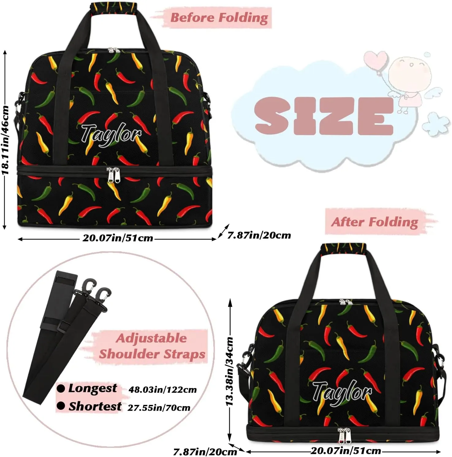Personalized Duffel Bag with Name, Custom Hot Chili Travel Sports Gym Yoga Beach Bag Customized Weekender Overnight Bag with Shoes Compartment for Women, Colorful Vegetable Chili