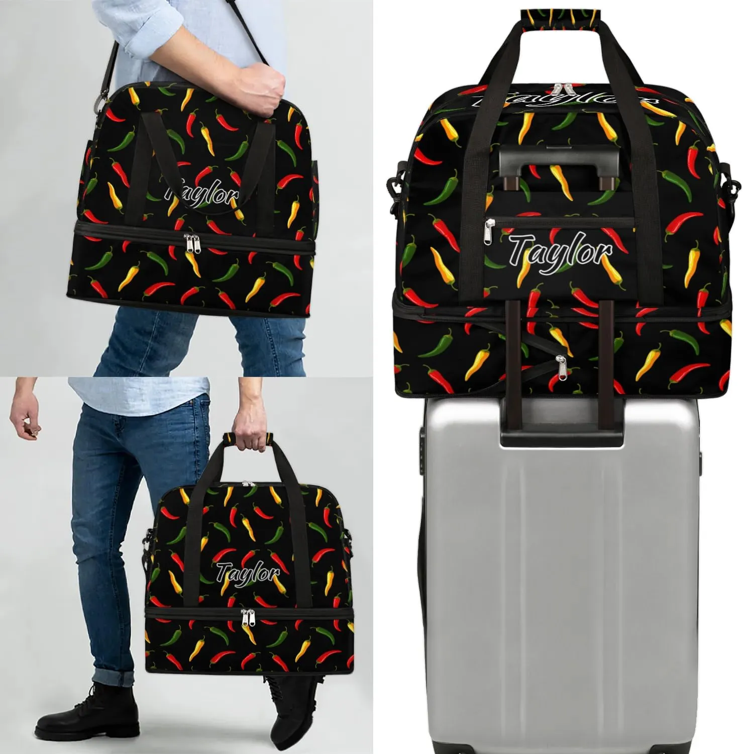 Personalized Duffel Bag with Name, Custom Hot Chili Travel Sports Gym Yoga Beach Bag Customized Weekender Overnight Bag with Shoes Compartment for Women, Colorful Vegetable Chili