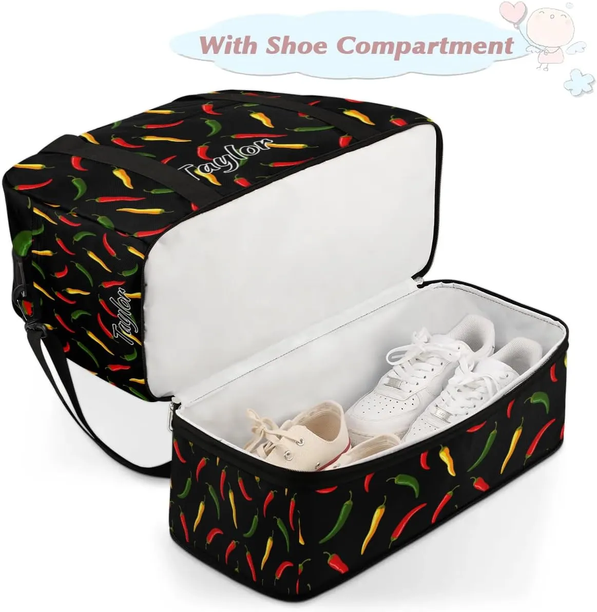Personalized Duffel Bag with Name, Custom Hot Chili Travel Sports Gym Yoga Beach Bag Customized Weekender Overnight Bag with Shoes Compartment for Women, Colorful Vegetable Chili