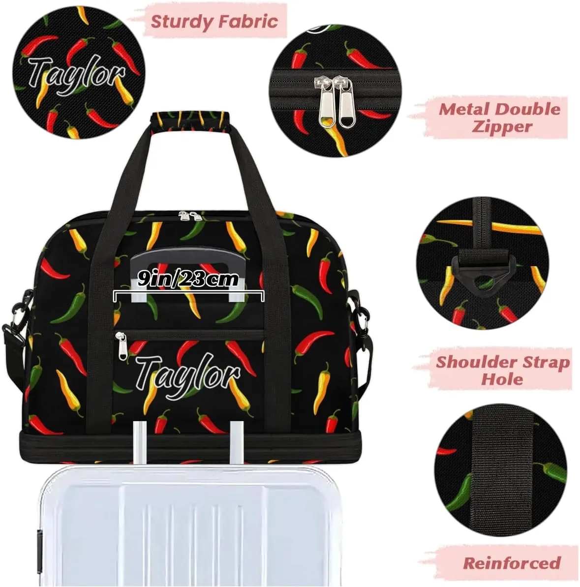 Personalized Duffel Bag with Name, Custom Hot Chili Travel Sports Gym Yoga Beach Bag Customized Weekender Overnight Bag with Shoes Compartment for Women, Colorful Vegetable Chili