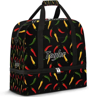Personalized Duffel Bag with Name, Custom Hot Chili Travel Sports Gym Yoga Beach Bag Customized Weekender Overnight Bag with Shoes Compartment for Women, Colorful Vegetable Chili