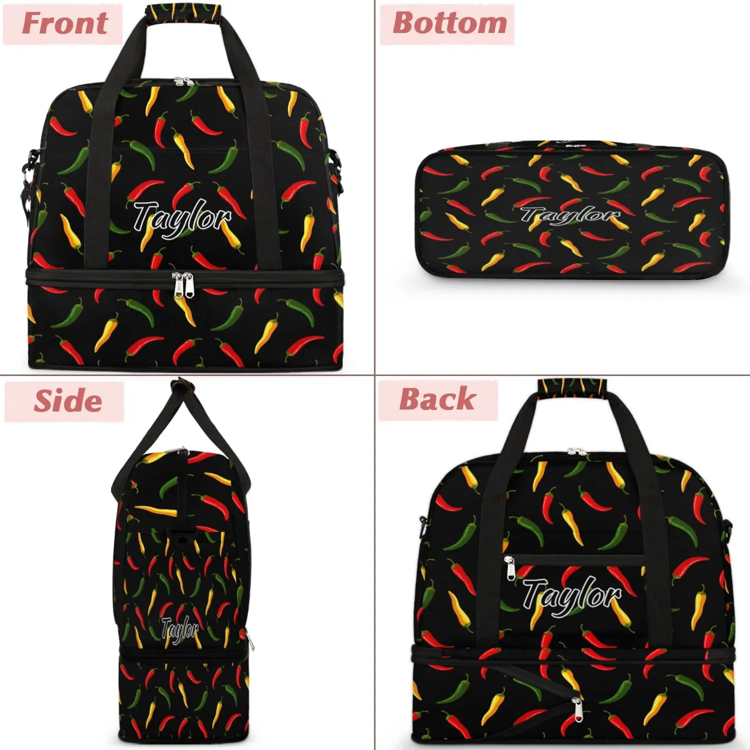 Personalized Duffel Bag with Name, Custom Hot Chili Travel Sports Gym Yoga Beach Bag Customized Weekender Overnight Bag with Shoes Compartment for Women, Colorful Vegetable Chili