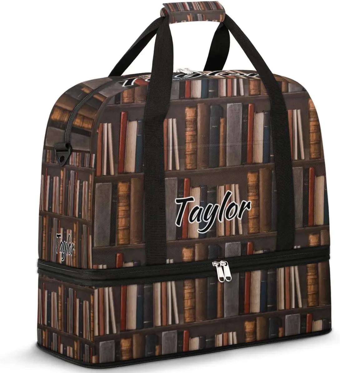Personalized Duffel Bag with Name, Custom Library Bookshelf Travel Sports Gym Yoga Beach Bag Customized Weekender Overnight Bag with Shoes Compartment for Women, Old Books