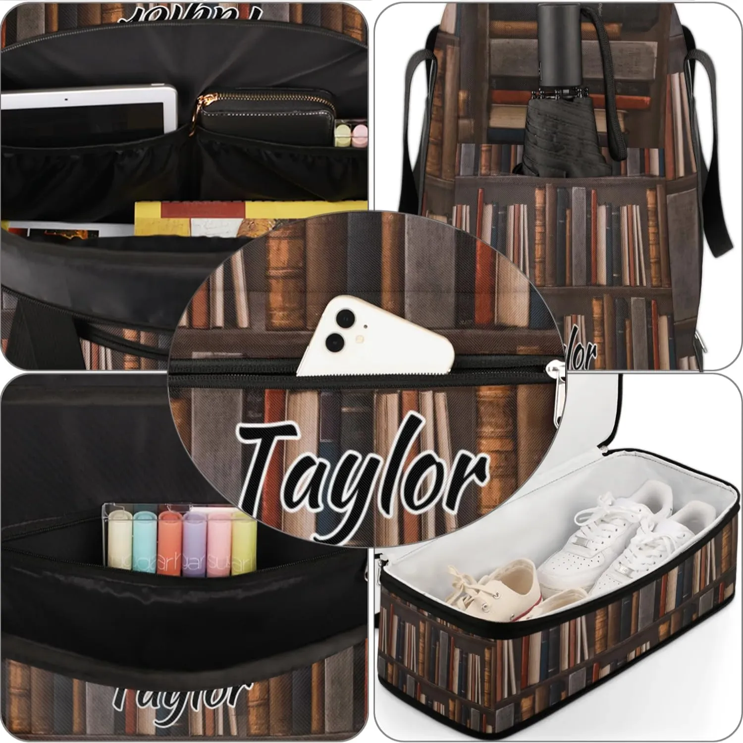 Personalized Duffel Bag with Name, Custom Library Bookshelf Travel Sports Gym Yoga Beach Bag Customized Weekender Overnight Bag with Shoes Compartment for Women, Old Books