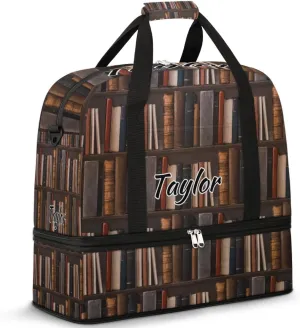 Personalized Duffel Bag with Name, Custom Library Bookshelf Travel Sports Gym Yoga Beach Bag Customized Weekender Overnight Bag with Shoes Compartment for Women, Old Books