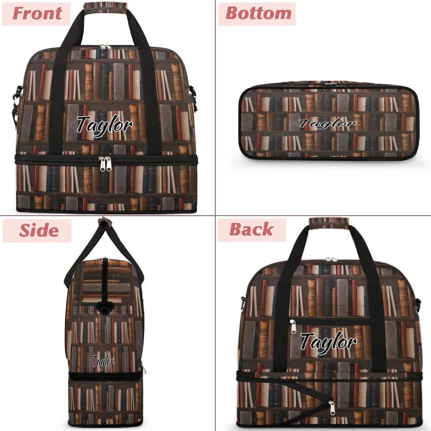 Personalized Duffel Bag with Name, Custom Library Bookshelf Travel Sports Gym Yoga Beach Bag Customized Weekender Overnight Bag with Shoes Compartment for Women, Old Books