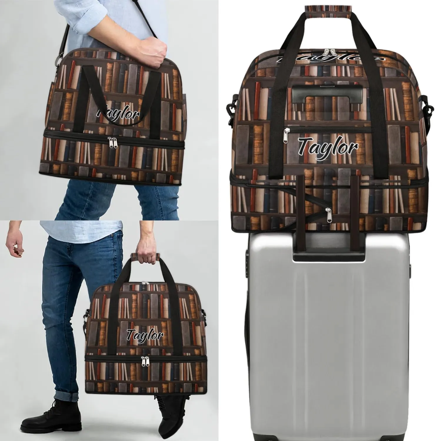 Personalized Duffel Bag with Name, Custom Library Bookshelf Travel Sports Gym Yoga Beach Bag Customized Weekender Overnight Bag with Shoes Compartment for Women, Old Books