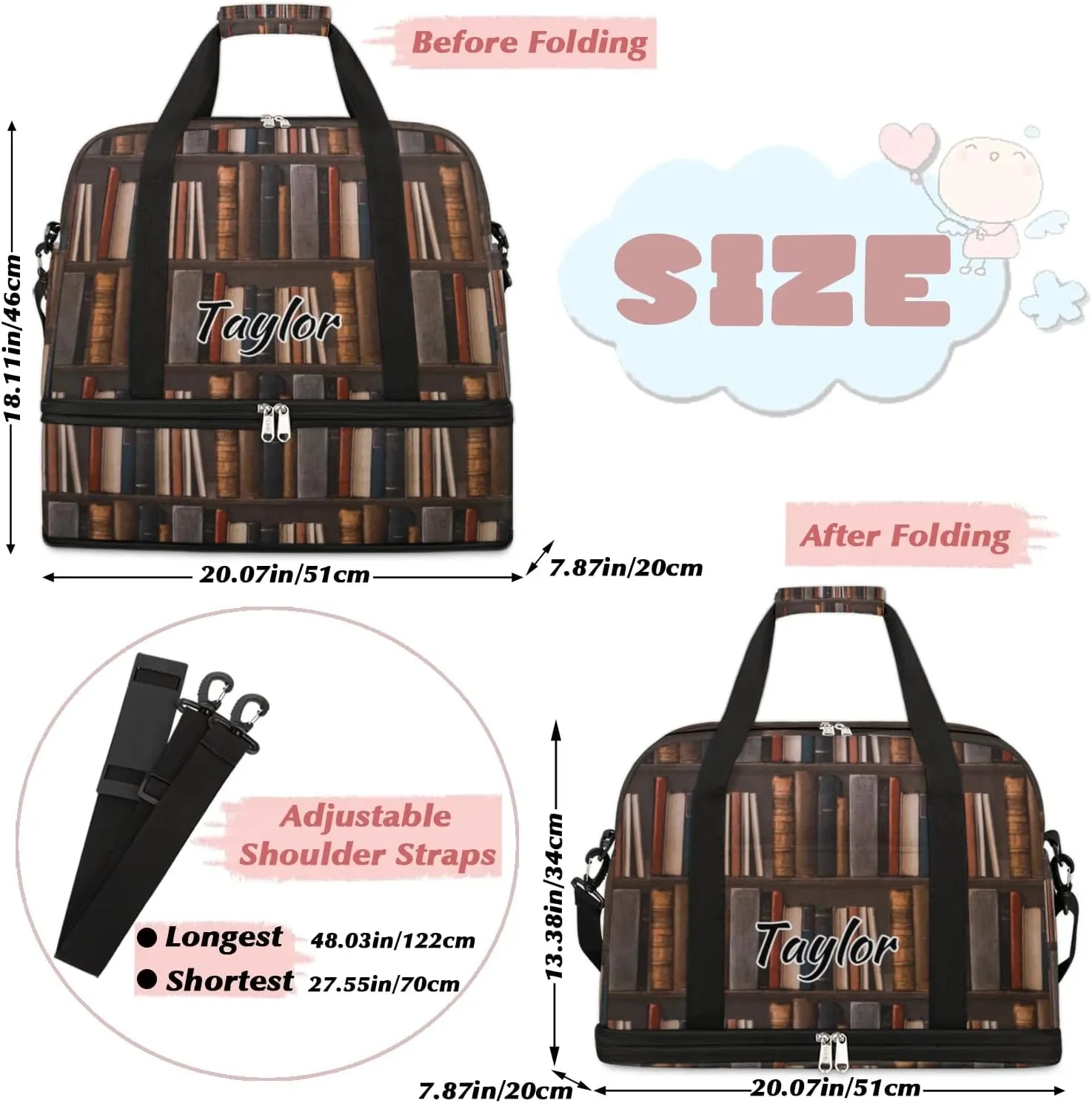 Personalized Duffel Bag with Name, Custom Library Bookshelf Travel Sports Gym Yoga Beach Bag Customized Weekender Overnight Bag with Shoes Compartment for Women, Old Books