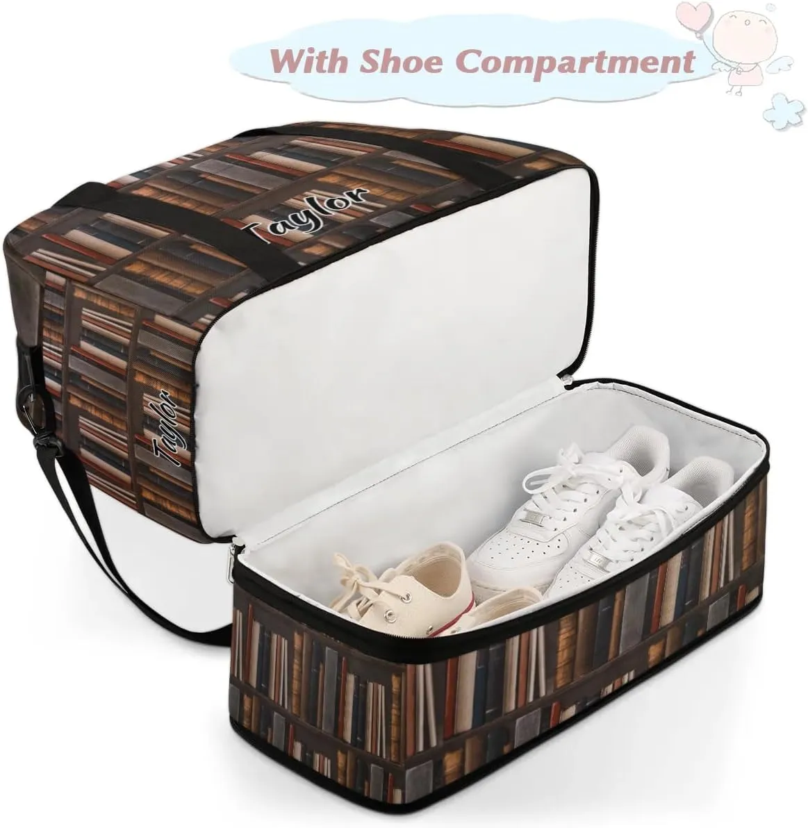 Personalized Duffel Bag with Name, Custom Library Bookshelf Travel Sports Gym Yoga Beach Bag Customized Weekender Overnight Bag with Shoes Compartment for Women, Old Books