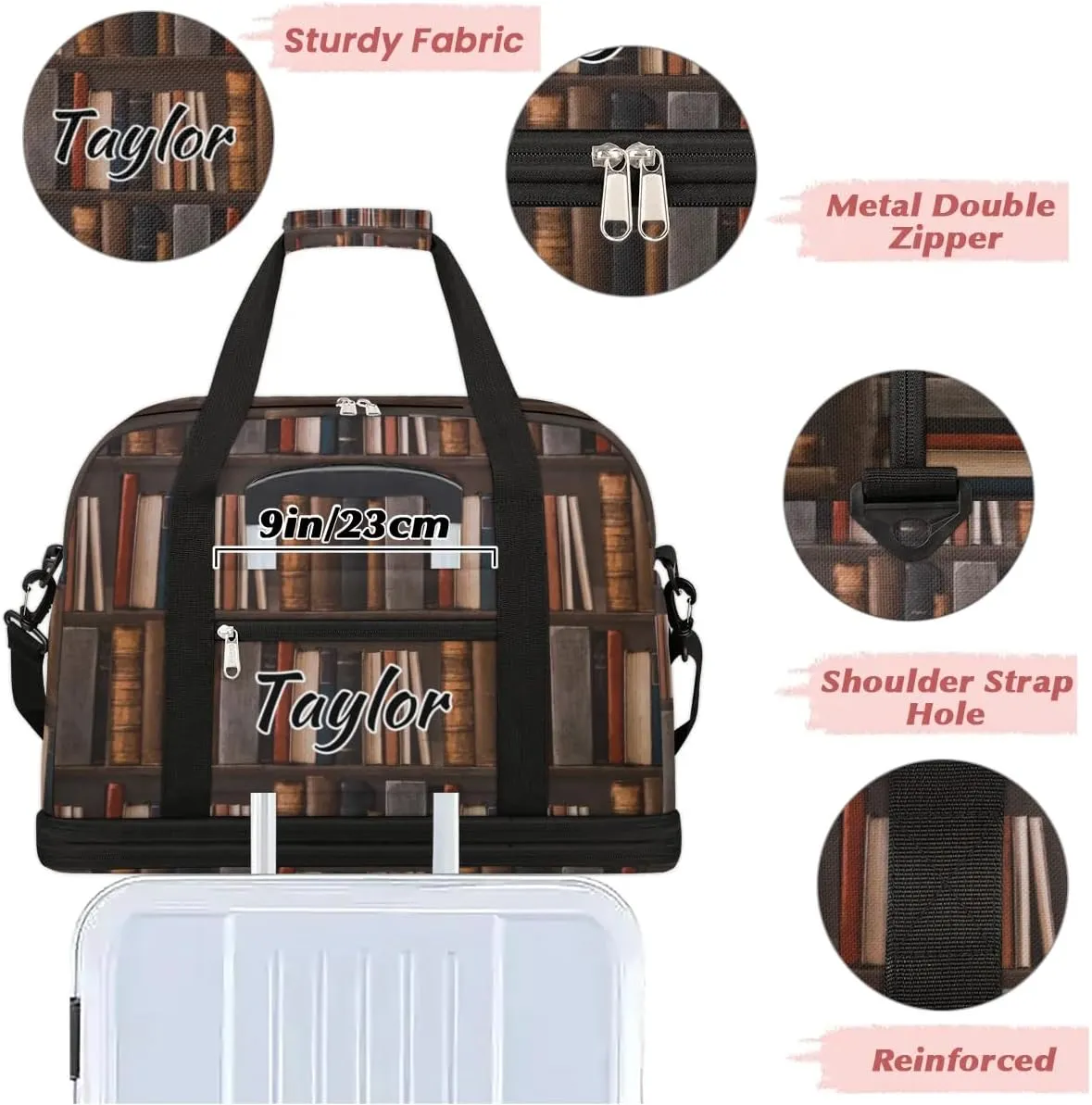 Personalized Duffel Bag with Name, Custom Library Bookshelf Travel Sports Gym Yoga Beach Bag Customized Weekender Overnight Bag with Shoes Compartment for Women, Old Books