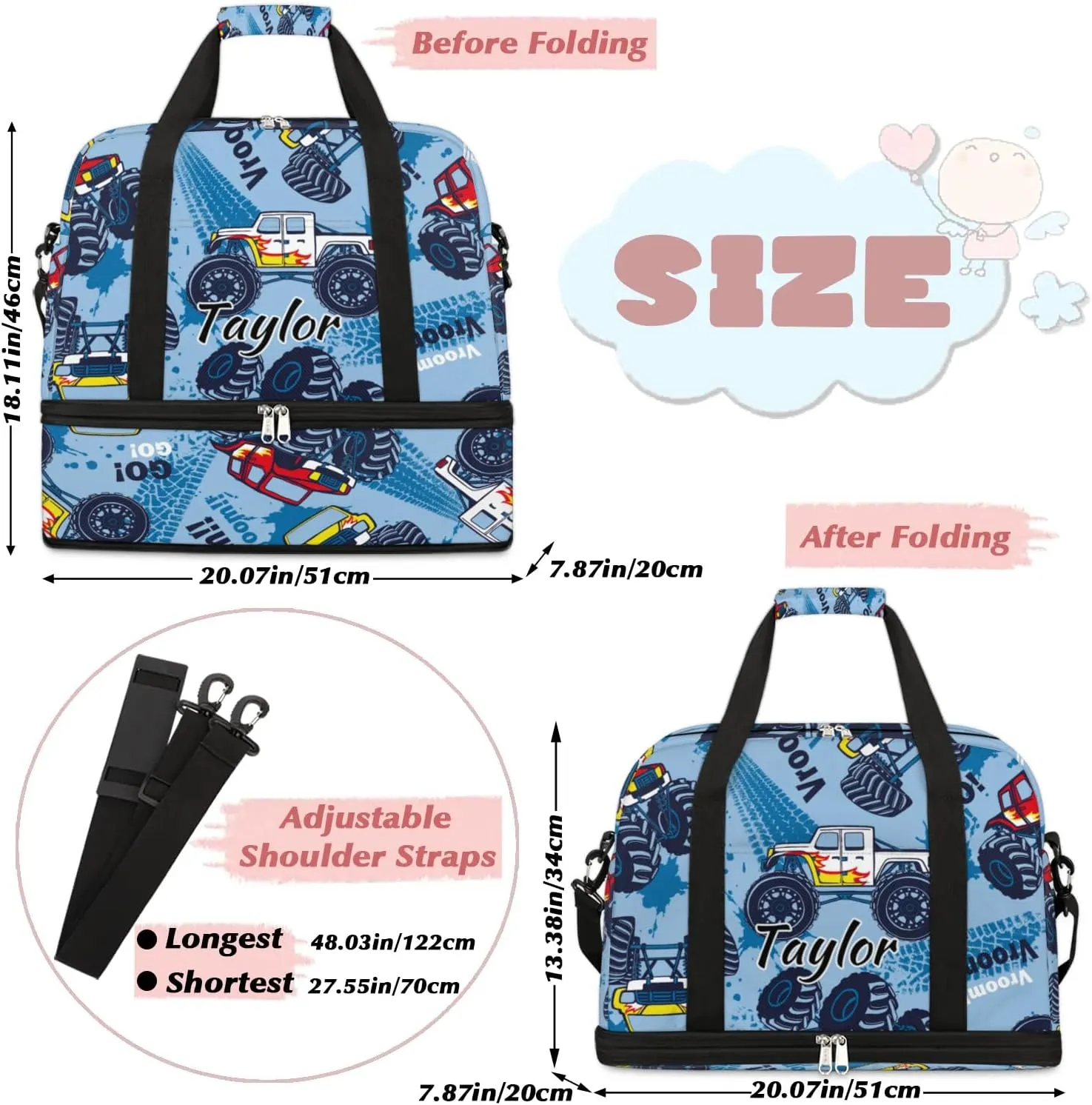Personalized Duffel Bag with Name, Custom Monster Truck Travel Sports Gym Yoga Beach Bag Customized Weekender Overnight Bag with Shoes Compartment for Women, Truck Cars