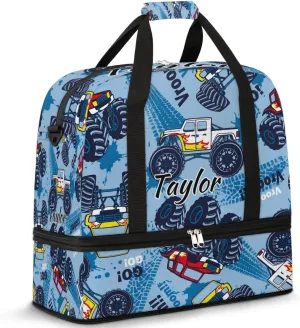Personalized Duffel Bag with Name, Custom Monster Truck Travel Sports Gym Yoga Beach Bag Customized Weekender Overnight Bag with Shoes Compartment for Women, Truck Cars