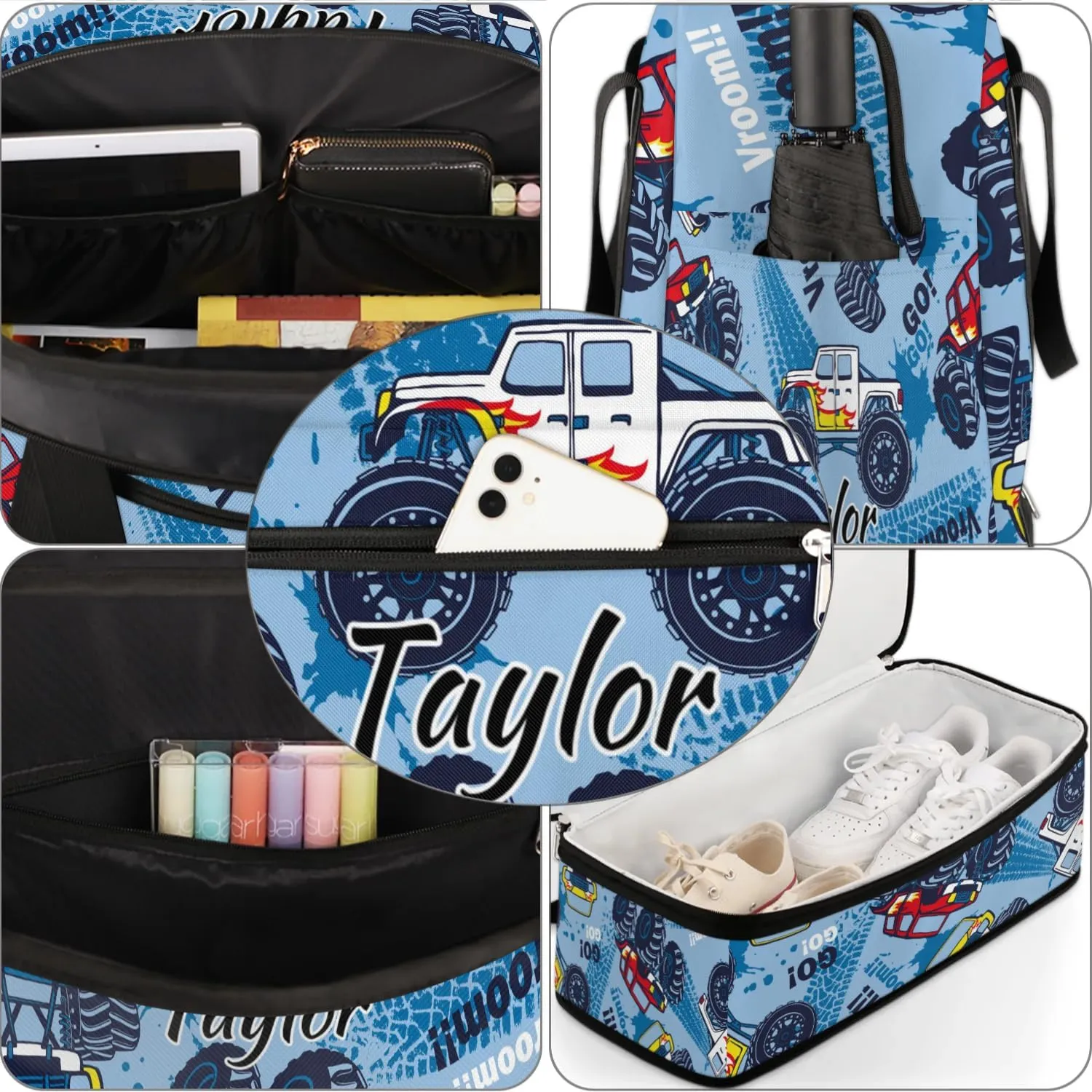 Personalized Duffel Bag with Name, Custom Monster Truck Travel Sports Gym Yoga Beach Bag Customized Weekender Overnight Bag with Shoes Compartment for Women, Truck Cars