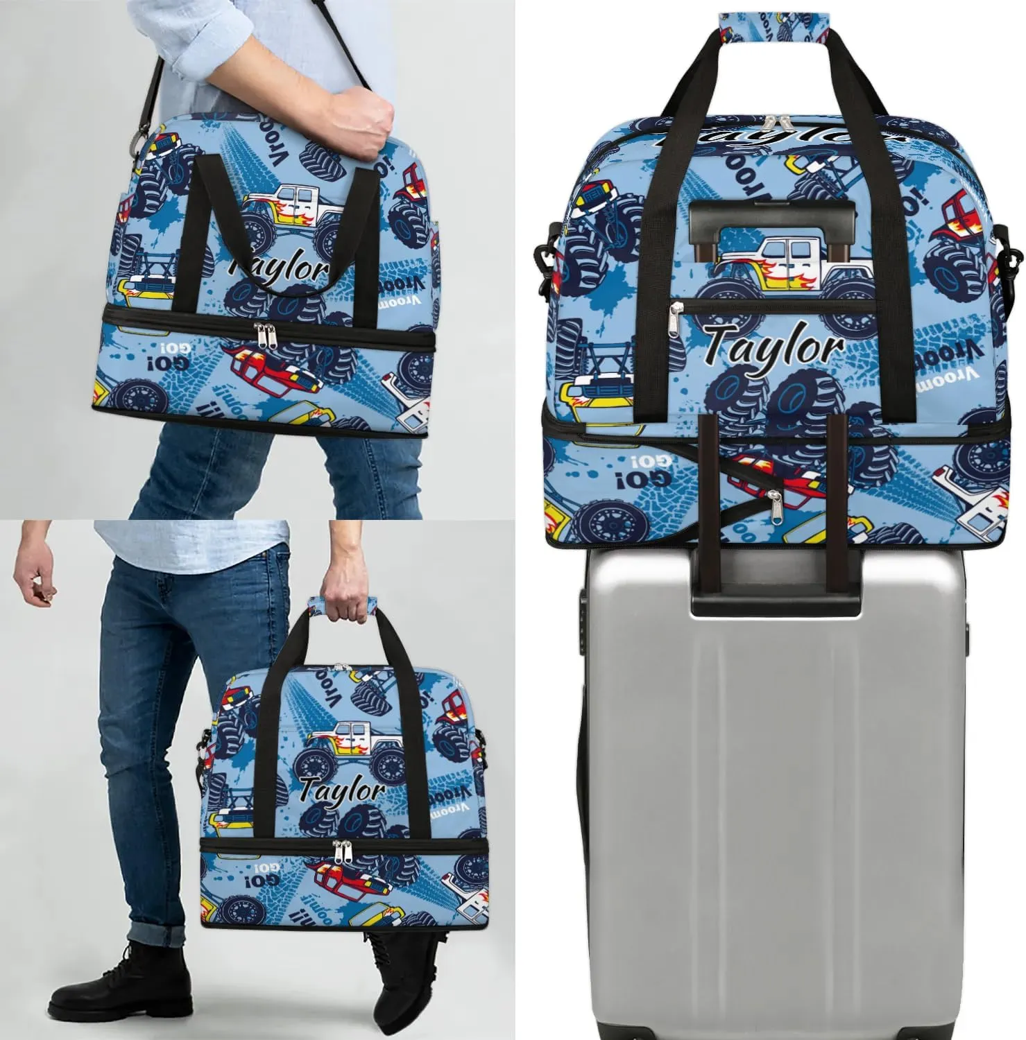 Personalized Duffel Bag with Name, Custom Monster Truck Travel Sports Gym Yoga Beach Bag Customized Weekender Overnight Bag with Shoes Compartment for Women, Truck Cars