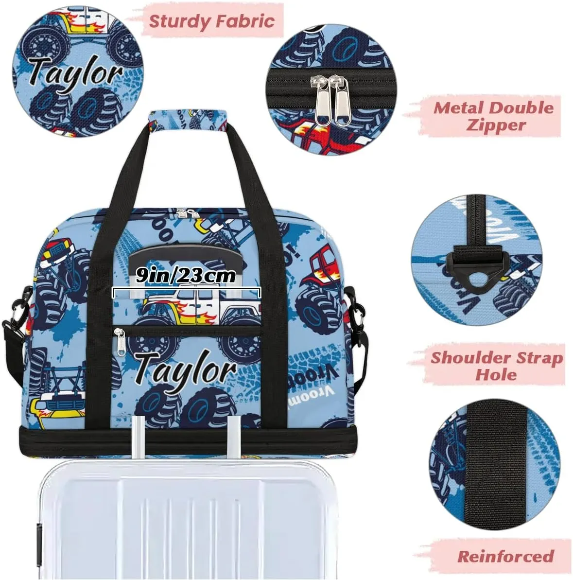 Personalized Duffel Bag with Name, Custom Monster Truck Travel Sports Gym Yoga Beach Bag Customized Weekender Overnight Bag with Shoes Compartment for Women, Truck Cars