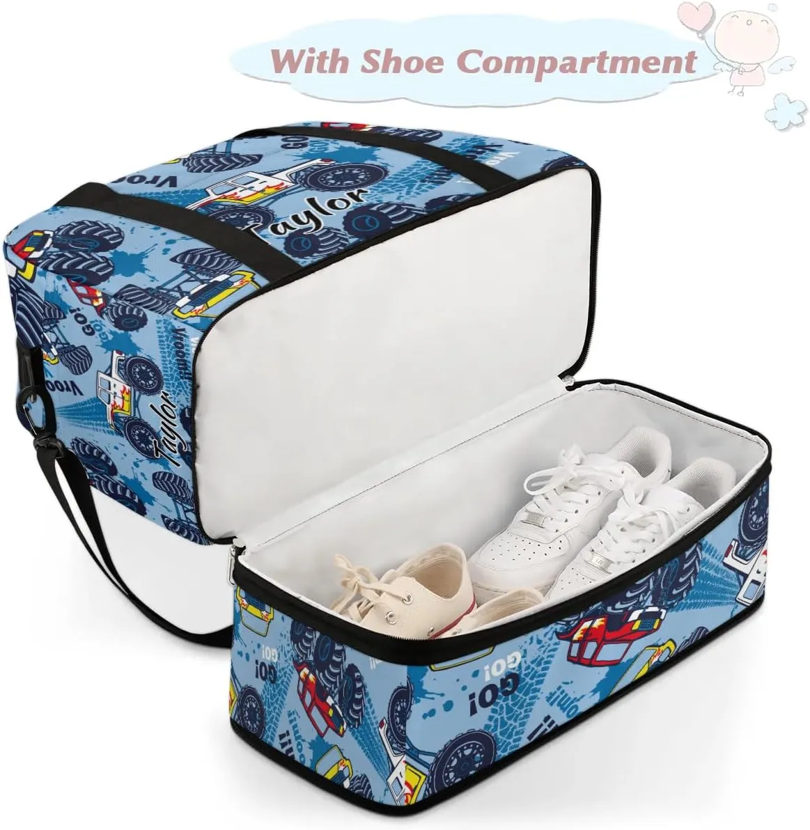 Personalized Duffel Bag with Name, Custom Monster Truck Travel Sports Gym Yoga Beach Bag Customized Weekender Overnight Bag with Shoes Compartment for Women, Truck Cars