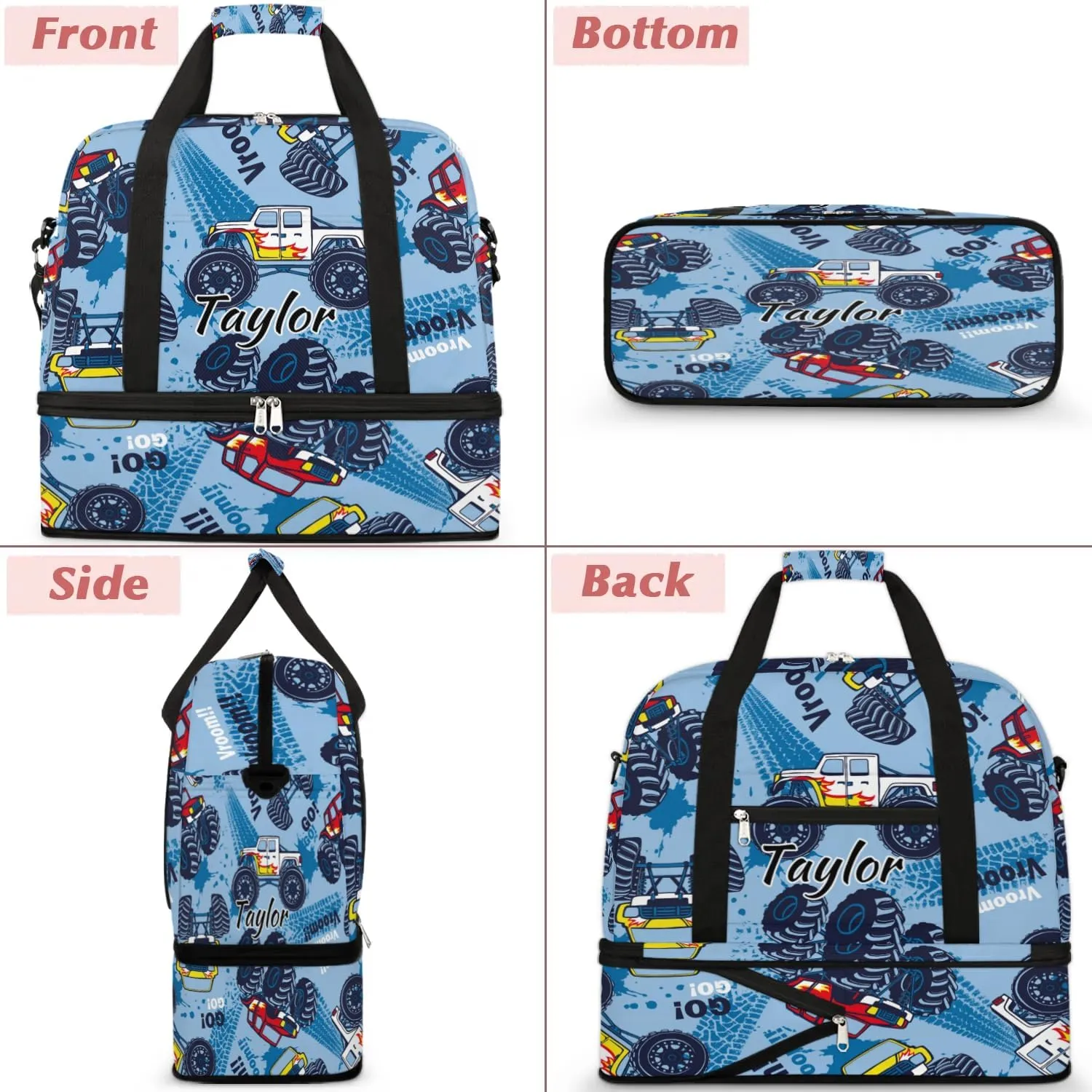 Personalized Duffel Bag with Name, Custom Monster Truck Travel Sports Gym Yoga Beach Bag Customized Weekender Overnight Bag with Shoes Compartment for Women, Truck Cars