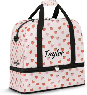 Personalized Duffel Bag with Name, Custom Peach Travel Sports Gym Yoga Beach Bag Customized Weekender Overnight Bag with Shoes Compartment for Women, Sweet Peach