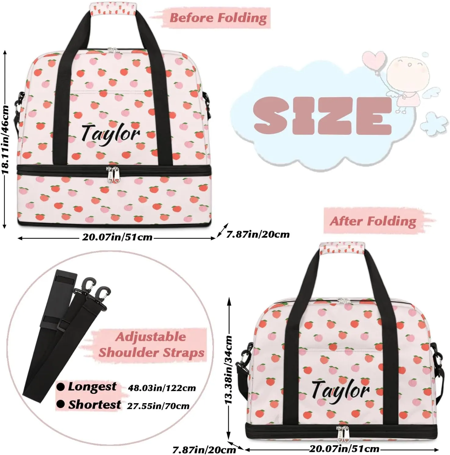 Personalized Duffel Bag with Name, Custom Peach Travel Sports Gym Yoga Beach Bag Customized Weekender Overnight Bag with Shoes Compartment for Women, Sweet Peach