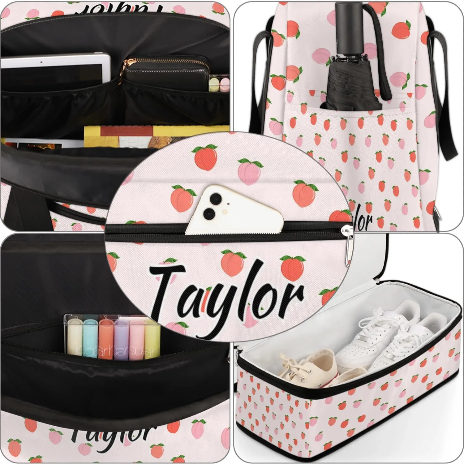 Personalized Duffel Bag with Name, Custom Peach Travel Sports Gym Yoga Beach Bag Customized Weekender Overnight Bag with Shoes Compartment for Women, Sweet Peach