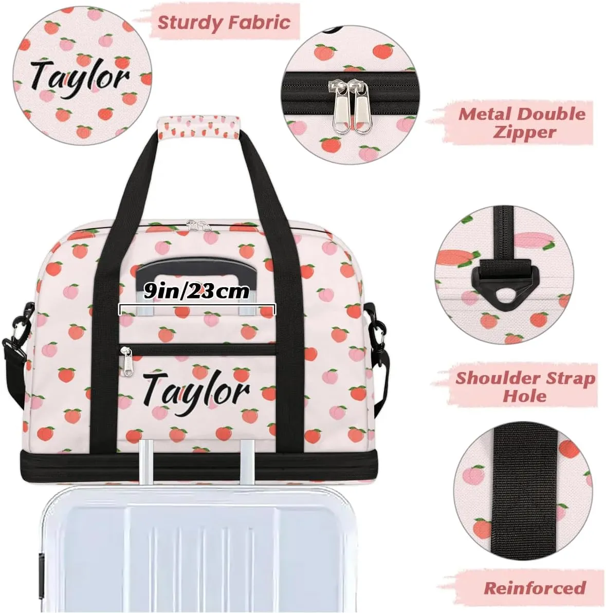 Personalized Duffel Bag with Name, Custom Peach Travel Sports Gym Yoga Beach Bag Customized Weekender Overnight Bag with Shoes Compartment for Women, Sweet Peach
