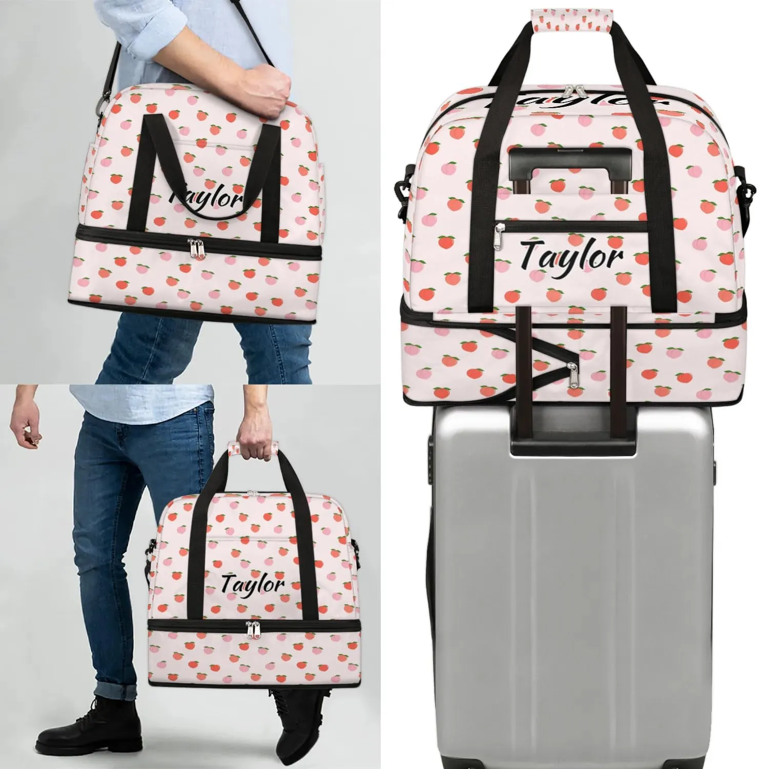 Personalized Duffel Bag with Name, Custom Peach Travel Sports Gym Yoga Beach Bag Customized Weekender Overnight Bag with Shoes Compartment for Women, Sweet Peach