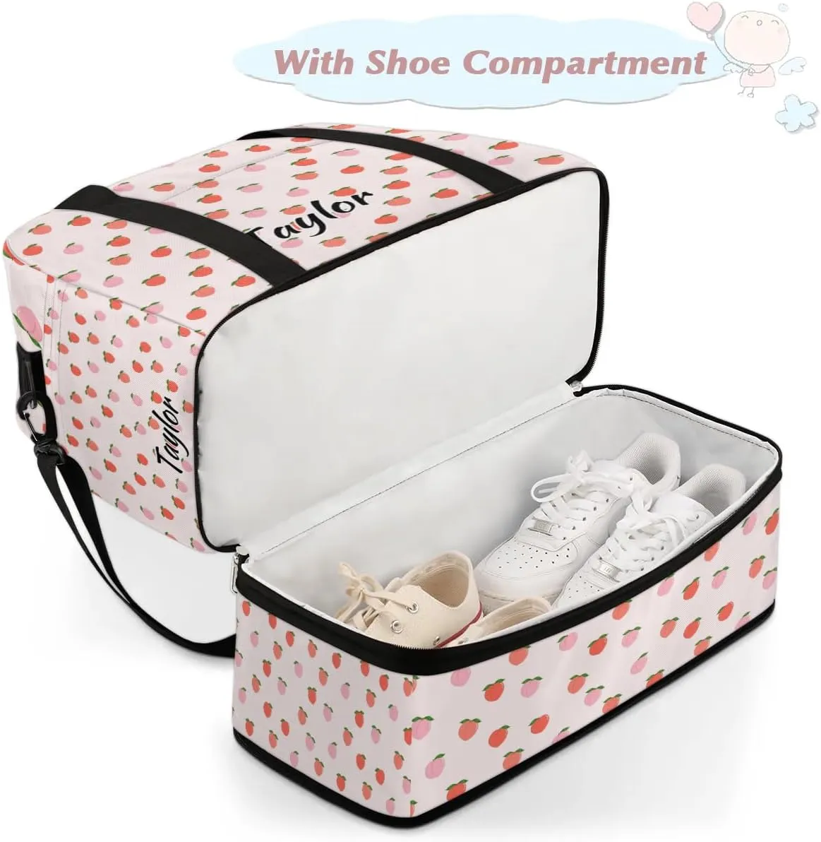 Personalized Duffel Bag with Name, Custom Peach Travel Sports Gym Yoga Beach Bag Customized Weekender Overnight Bag with Shoes Compartment for Women, Sweet Peach