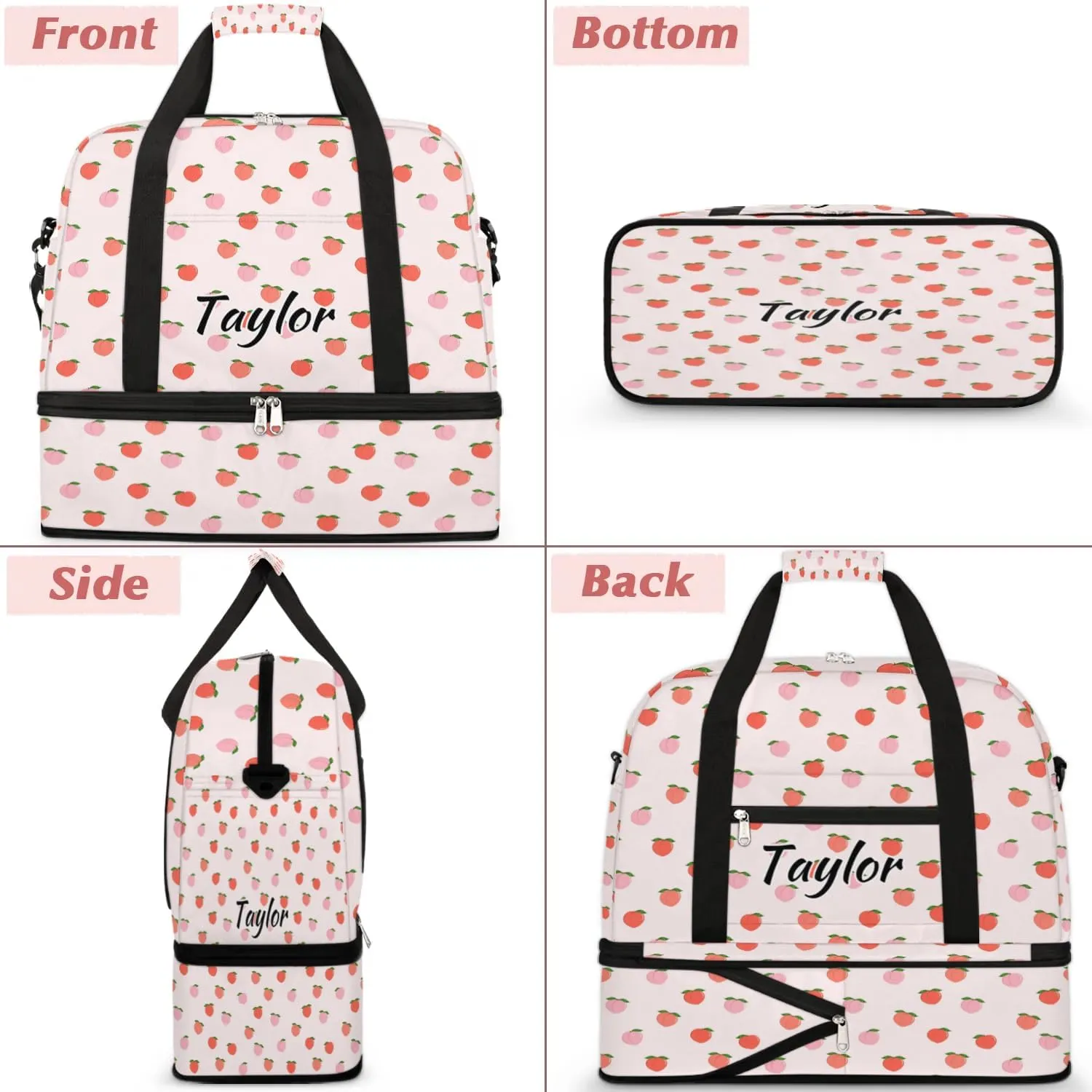 Personalized Duffel Bag with Name, Custom Peach Travel Sports Gym Yoga Beach Bag Customized Weekender Overnight Bag with Shoes Compartment for Women, Sweet Peach
