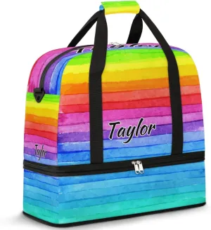 Personalized Duffel Bag with Name, Custom Rainbow Color Travel Sports Gym Yoga Beach Bag Customized Weekender Overnight Bag with Shoes Compartment for Women, Colorful Stripe