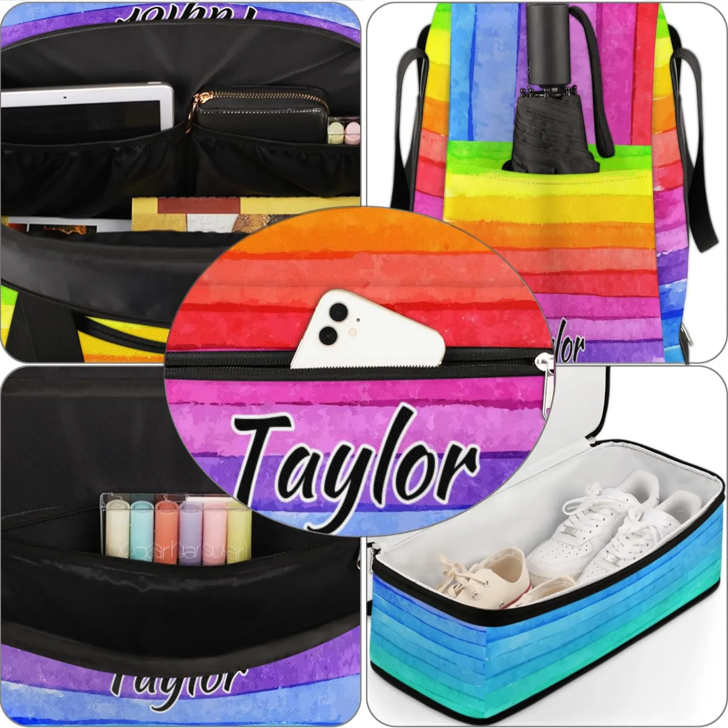 Personalized Duffel Bag with Name, Custom Rainbow Color Travel Sports Gym Yoga Beach Bag Customized Weekender Overnight Bag with Shoes Compartment for Women, Colorful Stripe