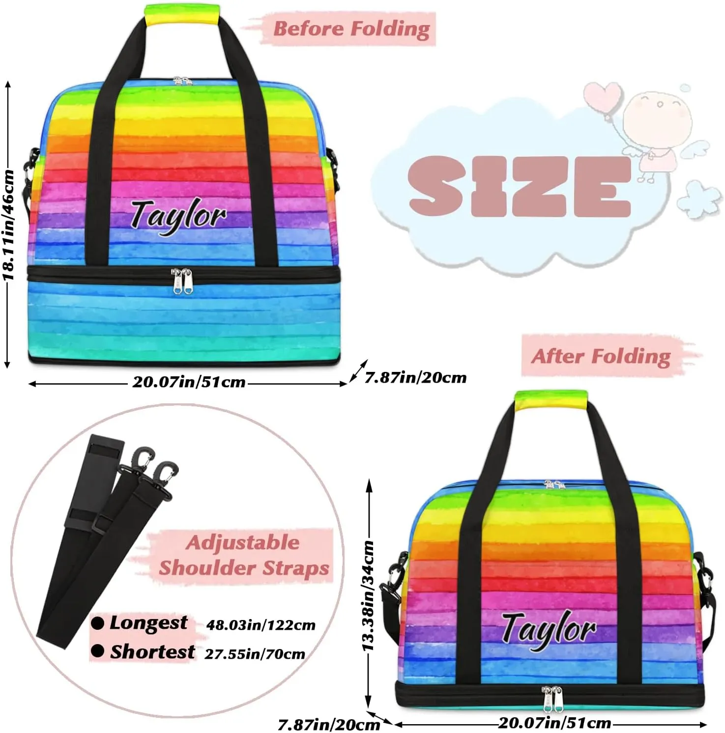 Personalized Duffel Bag with Name, Custom Rainbow Color Travel Sports Gym Yoga Beach Bag Customized Weekender Overnight Bag with Shoes Compartment for Women, Colorful Stripe