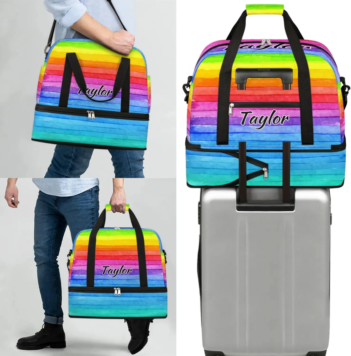 Personalized Duffel Bag with Name, Custom Rainbow Color Travel Sports Gym Yoga Beach Bag Customized Weekender Overnight Bag with Shoes Compartment for Women, Colorful Stripe
